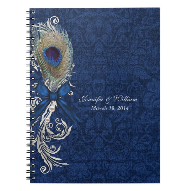 Blue Damask and Peacock Feather Wedding Notebook (Front)