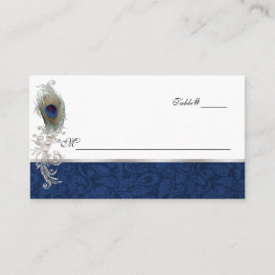 Blue Damask and Peacock Feather Wedding Place Card