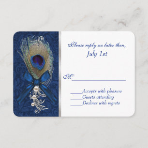 Blue Damask and Peacock Feather Wedding RSVP Card