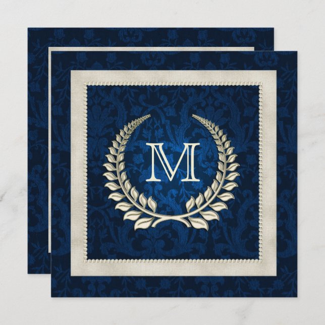 Blue damask and Pearls wedding invitation (Front/Back)