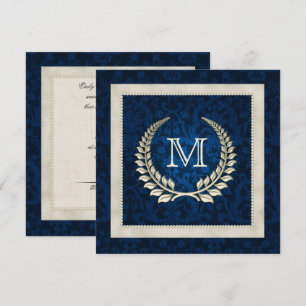 Blue damask and Pearls wedding invitation