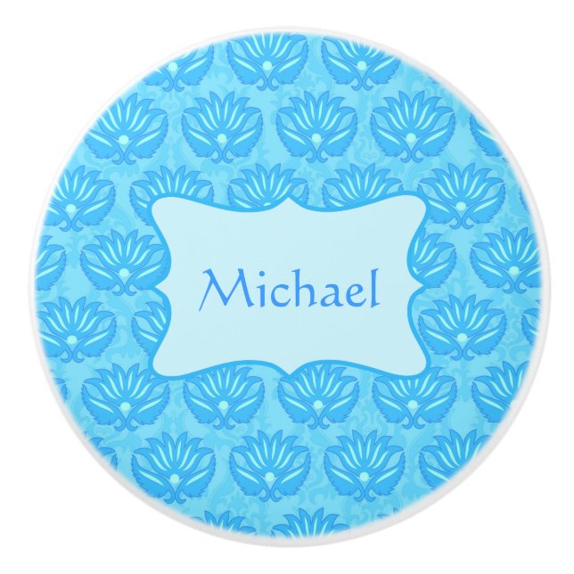 Blue Damask Baby Boy Name Personalized Ceramic Knob (Front)