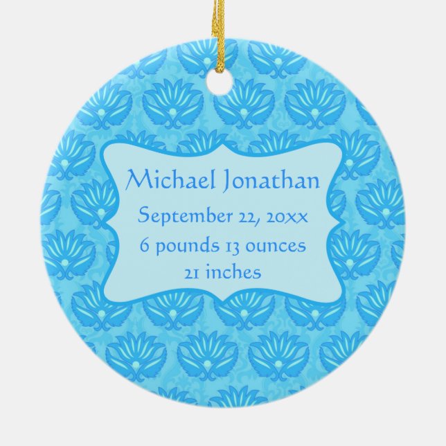 Blue Damask Baby Boy Name Personalized Ceramic Ornament (Back)