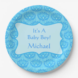 Blue Damask Baby Boy Name Personalized Paper Plate