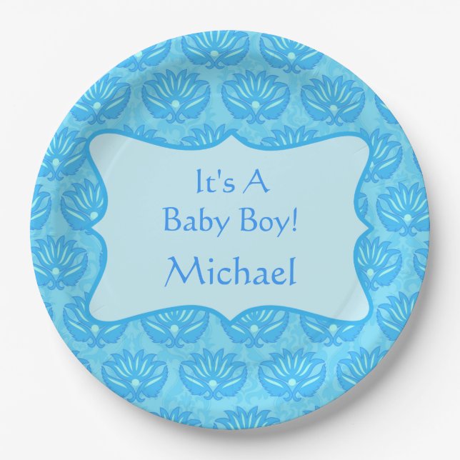 Blue Damask Baby Boy Name Personalized Paper Plate (Front)