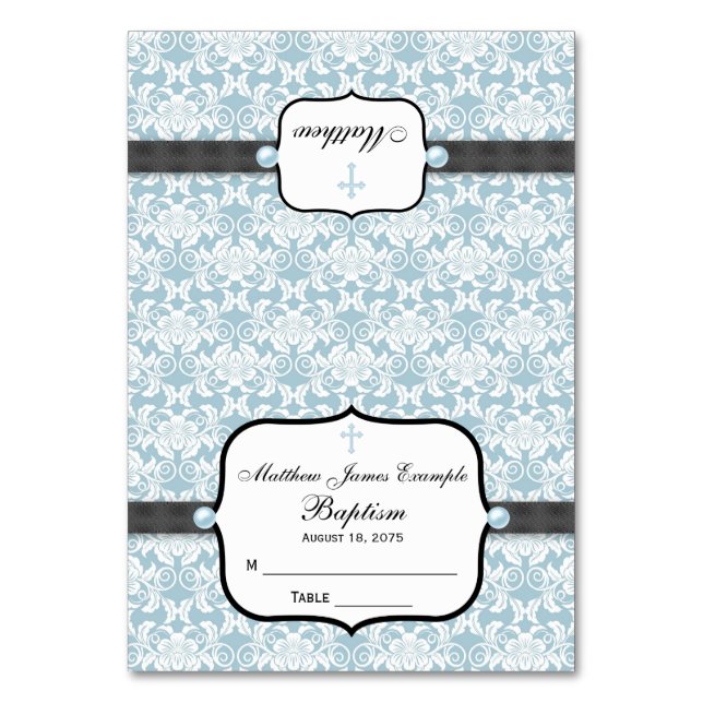 Blue Damask Baptism Christening Confirmation Table Number (Front)