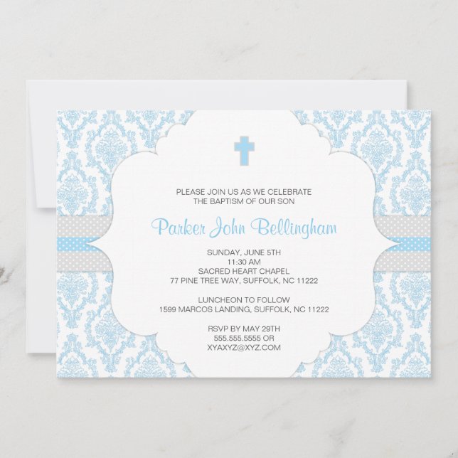Blue Damask Baptism / Christening invite for boys (Front)