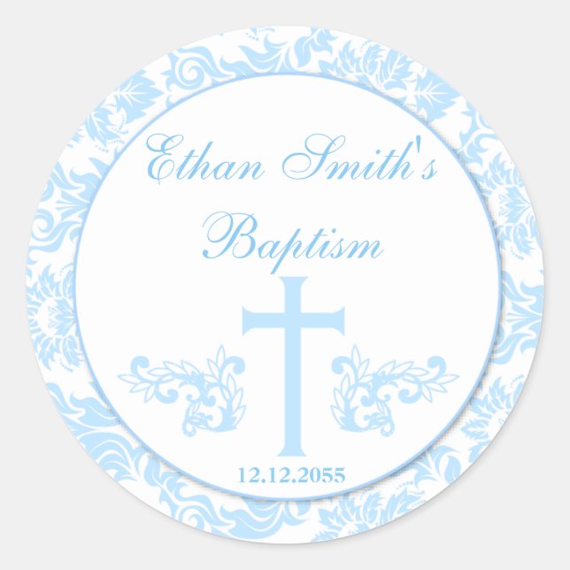 Blue Damask Baptism Favour Stickers Seals (Front)