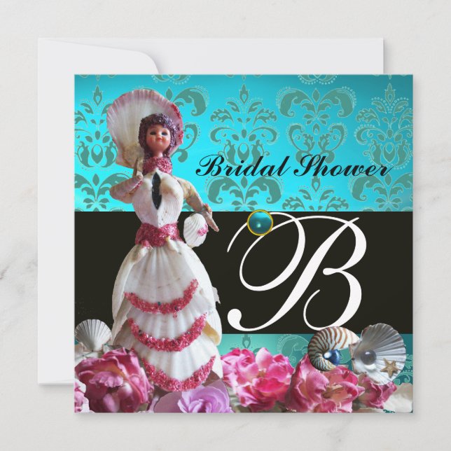 BLUE DAMASK BEACH WEDDING - BRIDAL SHOWER MONOGRAM INVITATION (Front)