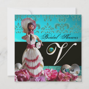 BLUE DAMASK BEACH WEDDING - BRIDAL SHOWER MONOGRAM INVITATION