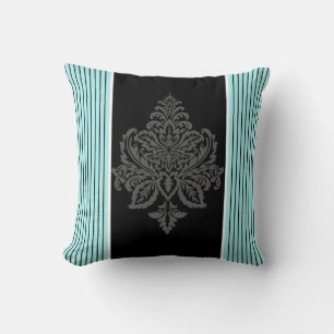 Blue, damask & black stripes throw pillow