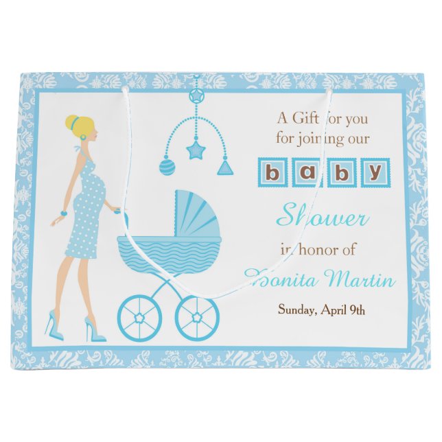 Blue Damask Blonde Woman Baby Shower Large Gift Bag (Front)