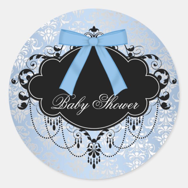 Blue Damask Blue Black Baby Boy Shower Sticker (Front)