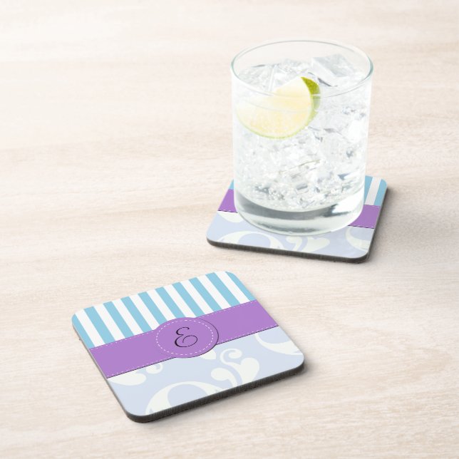 Blue Damask, Blue Stripes, Striped, Monogram Coaster (Right Side)