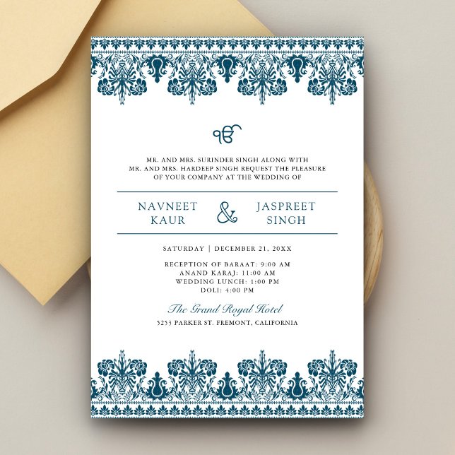 Blue Damask Border Anand Karaj Sikh Wedding Invitation (Creator Uploaded)
