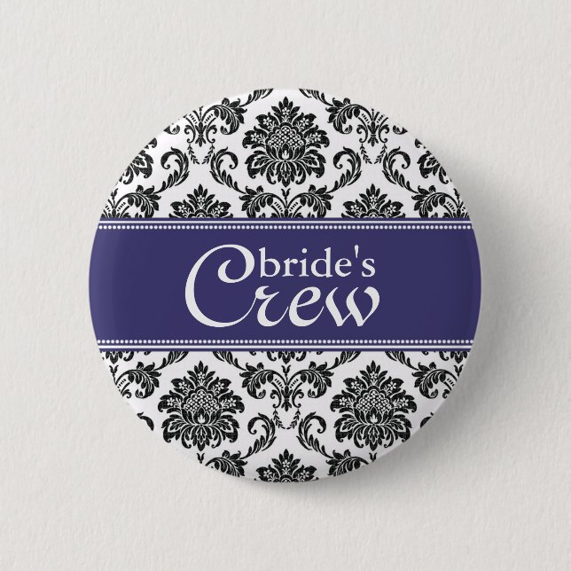 Blue Damask Bride's Crew Button (Front)