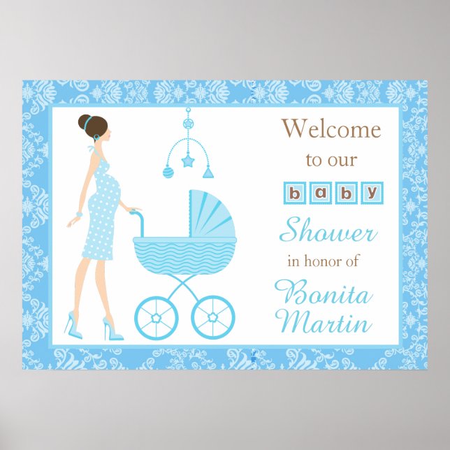 Blue Damask Brunette Boy Baby Shower Poster (Front)