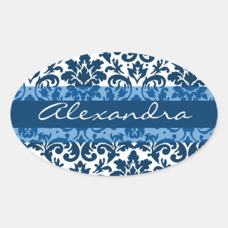 Blue damask calligraphy customizable art oval sticker