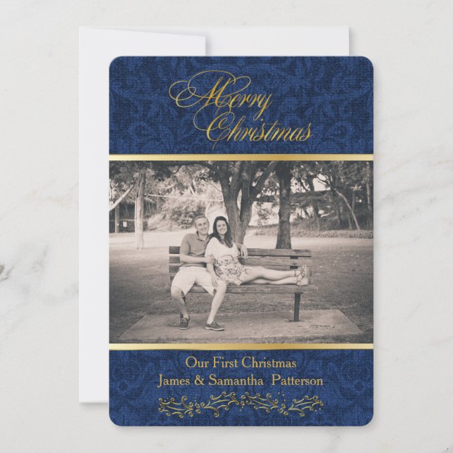 Blue Damask Christmas Photo Card (Front)