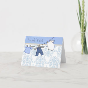 Blue Damask Clothesline Baby Boy Merci Cartes