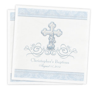 Blue Damask Cross Baptism Communion Napkins