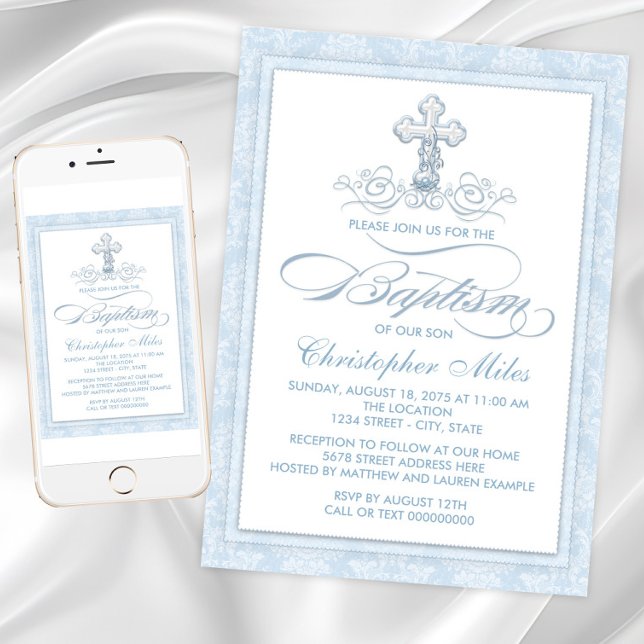 Blue Damask Cross Baptism Invitation (Blue damask baptism invitation with fancy script and pearl cross. For Instant download and print.)