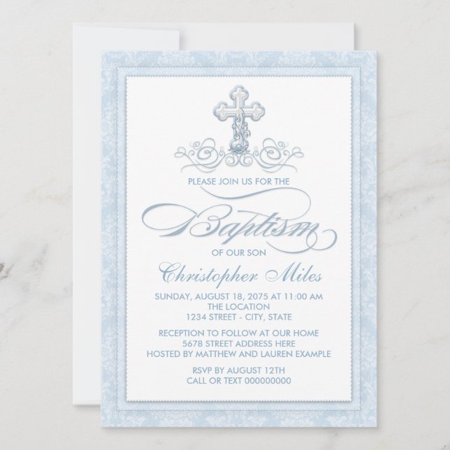 Blue Damask Cross Baptism Invitation (Front)
