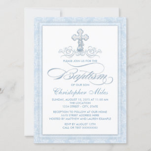Blue Damask Cross Baptism Invitation