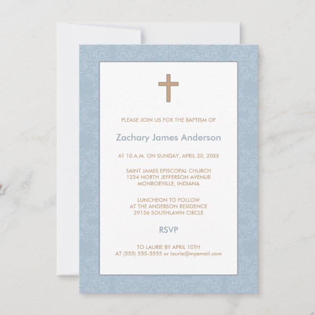 Blue Damask & Cross Baptism Invitations (Front)