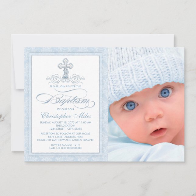 Blue Damask Cross Boy Photo Baptême Invitation (Devant)