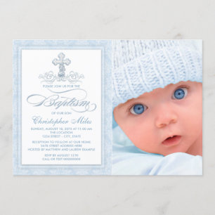 Blue Damask Cross Boy Photo Invitation Baptism