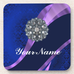 Blue damask & crystal coaster