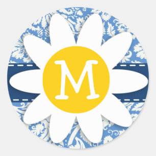 Blue Damask; Daisy Classic Round Sticker