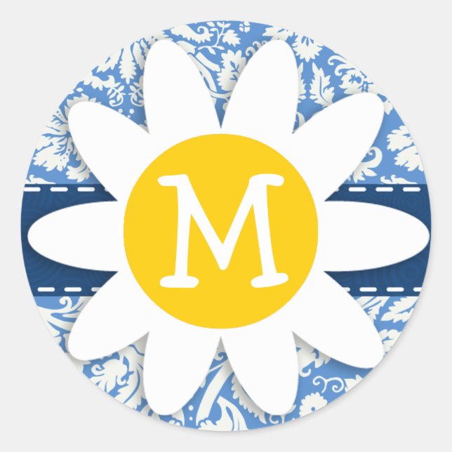 Blue Damask; Daisy Classic Round Sticker (Front)