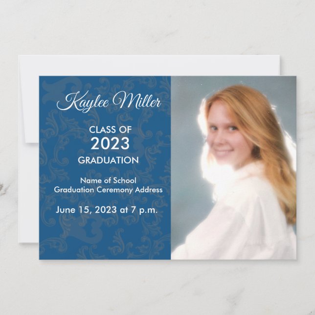 Blue Damask Formal Graduation Announcement (Front)
