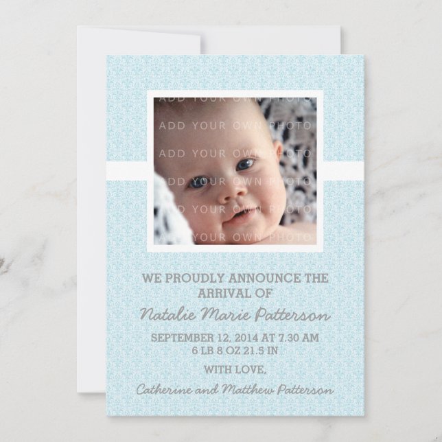 Blue Damask Frame Photo Baby Announcement (Front)