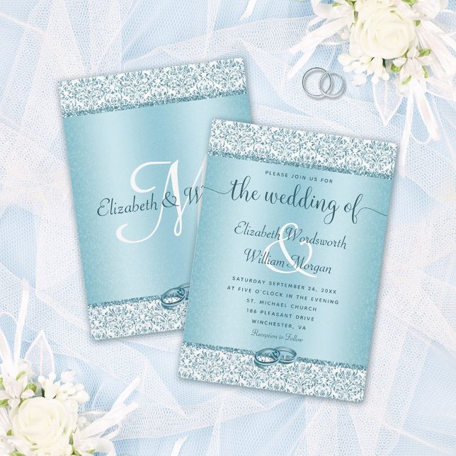Blue Damask Glitter Monogram Elegant Wedding Invitation (Creator Uploaded)