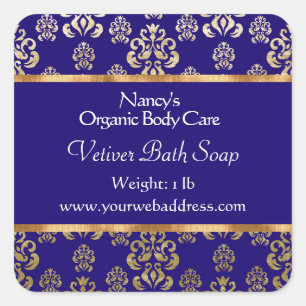 Blue damask & gold foil soap and cosmetics label