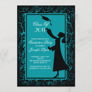 Blue Damask Graduation Invitation Silhouette Grad