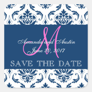 Blue Damask Initial Save the Date Sticker