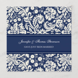 Blue Damask Just Married Announcement Cards