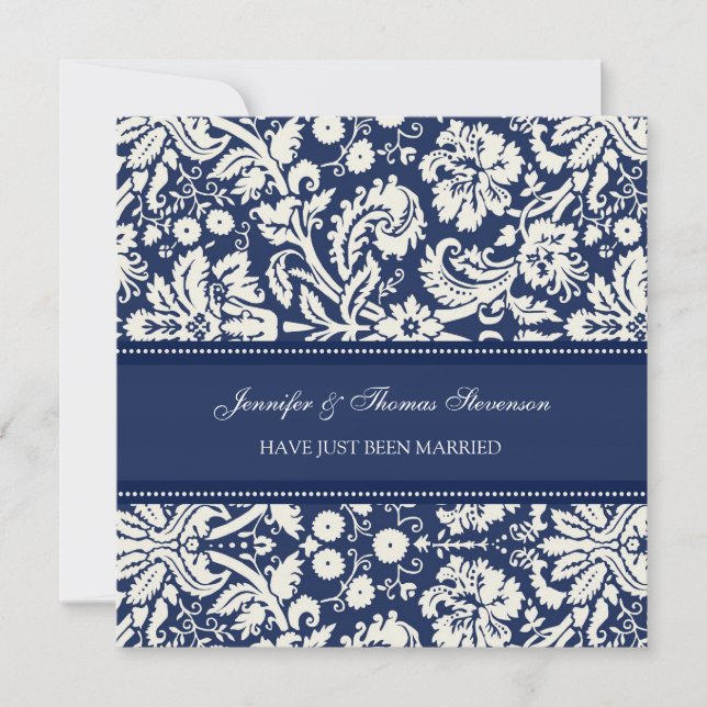 Blue Damask Just Married Announcement Cards (Front)