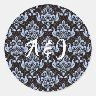 Blue Damask Labels with Initials