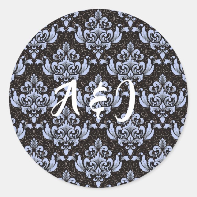 Blue Damask Labels with Initials (Front)