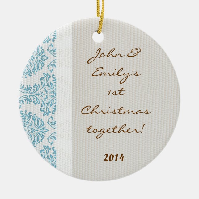 Blue Damask Lace Print Personalized Name Ornament (Front)