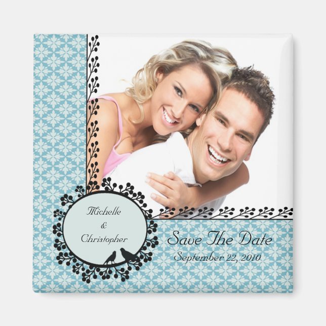 Blue Damask Love Birds Photo Save The Date Magnet (Front)