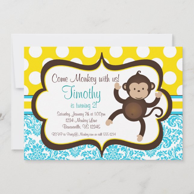 Blue Damask Mod Monkey Boys Birthday Party Invite (Front)