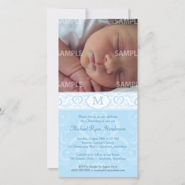 Blue Damask Monogram Baptism/Christening (Front)