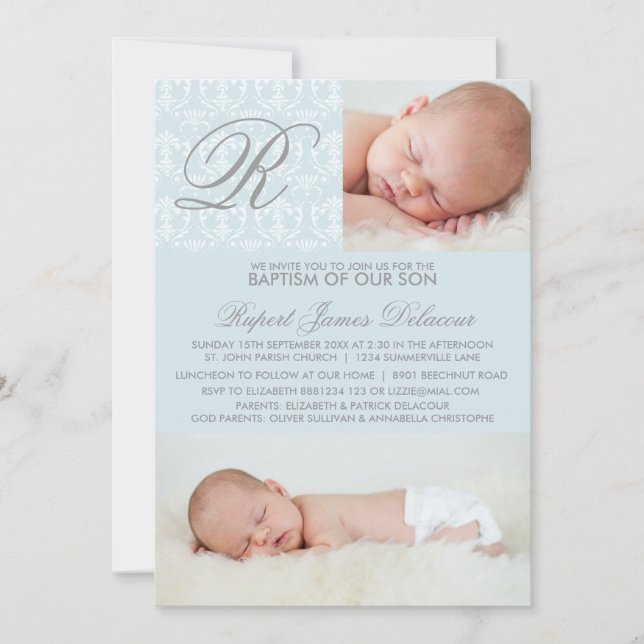 Blue Damask Monogram Baptism Photo Invitation (Front)