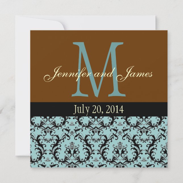 Blue Damask Monogram Brown Wedding Invitation (Front)